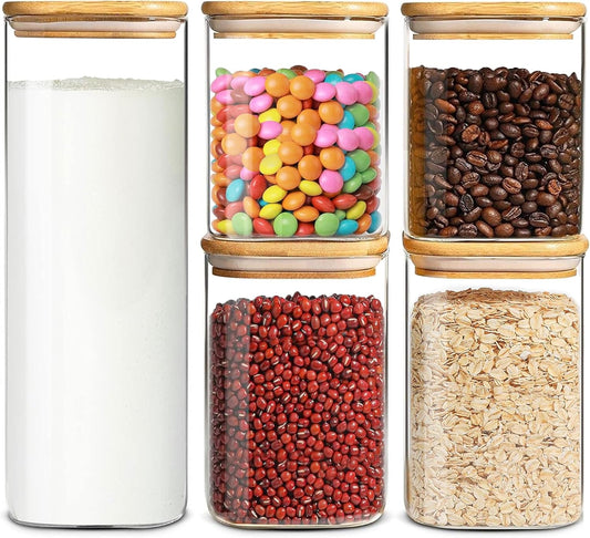 Glass Storage Containers with Airtight Bamboo Lids Muti Size Set of 5,Pantry Food Glass Jar with Lid,Perfect for Kitchen Organization-Nuts,Flour, Rice, Pasta, Sugar, Coffee Beans, Accessories Included