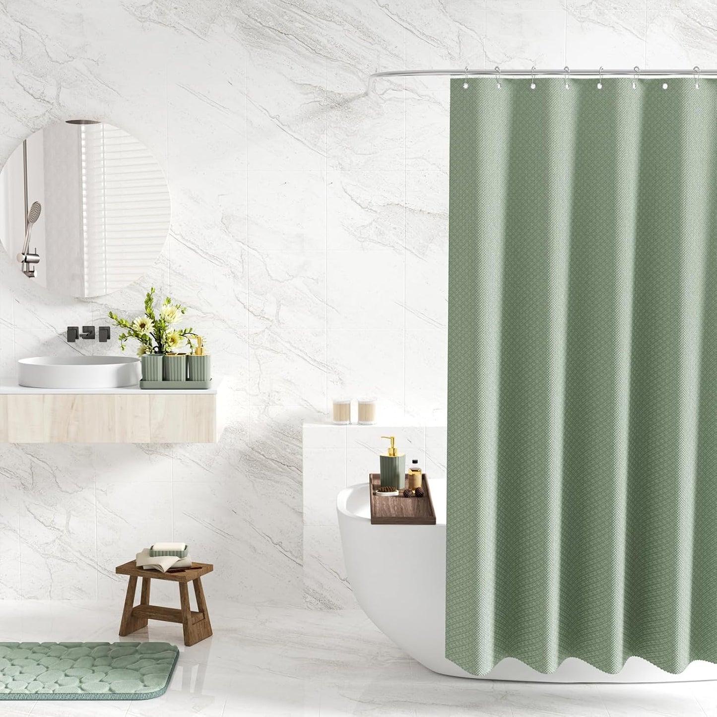 Bathroom Accessories Set - 25PC Sage Green Bathroom Set, Bathroom Set with Shower Curtain and Rugs, Sage Green Shower Curtain Set, Bathroom Accessory Set, Trash Can & Soap Dispenser