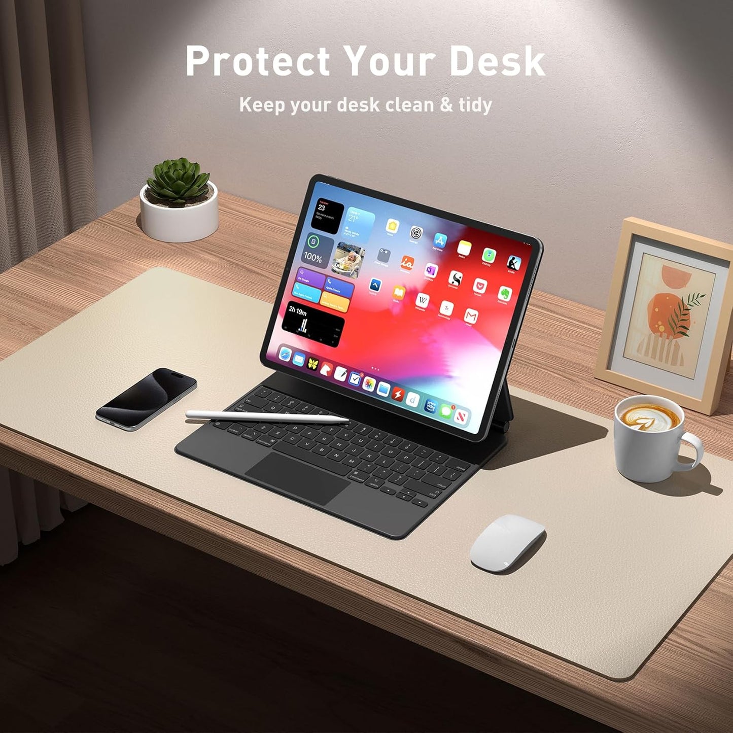 Aothia Non-Slip PU Leather Waterproof Laptop Desk Pad Protector, Blotter Mat, Writing and Mouse Pad for Office & Home, Beige, 23.6" x 13.7", Large