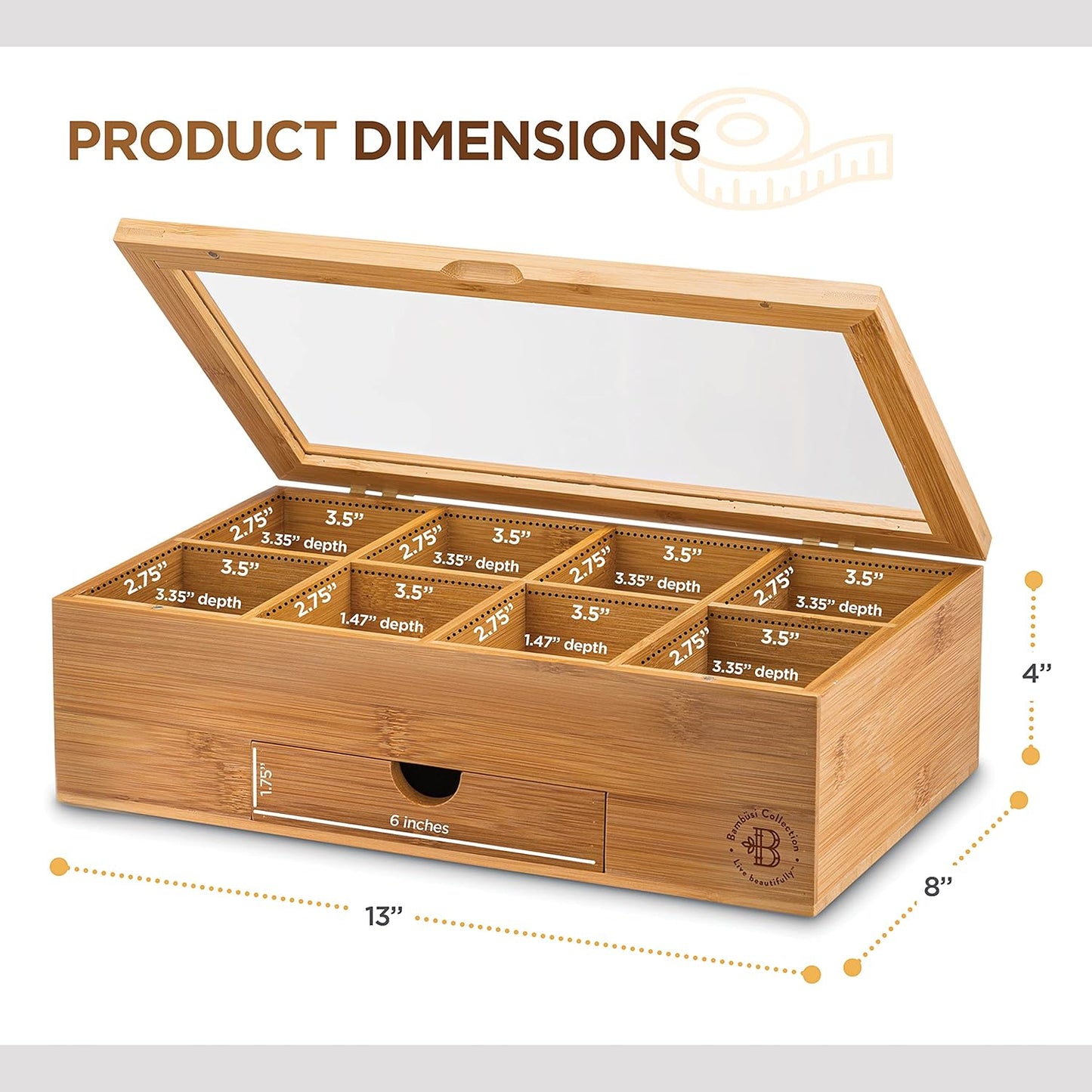 Bambüsi Personalized Tea Organizer - Engraved Bamboo Tea Box, 8 Compartments, Acrylic Window, Magnetic Lid - Unique Gift for Tea Enthusiasts