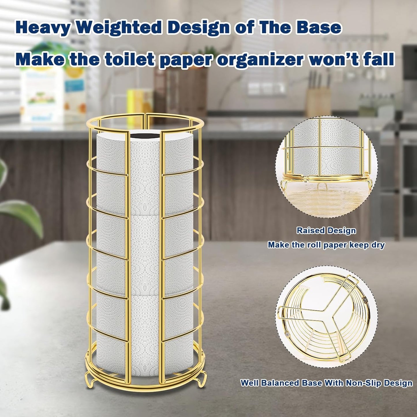 NearMoon Toilet Paper Organizer Stand, Free Standing 3 Rolls Tissue Storage, Metal Bathroom Accessory, Rustproof Toilet Roll Holder for Kitchen Countertop Inside Cabinet Shelf(Metal Base, Gold)