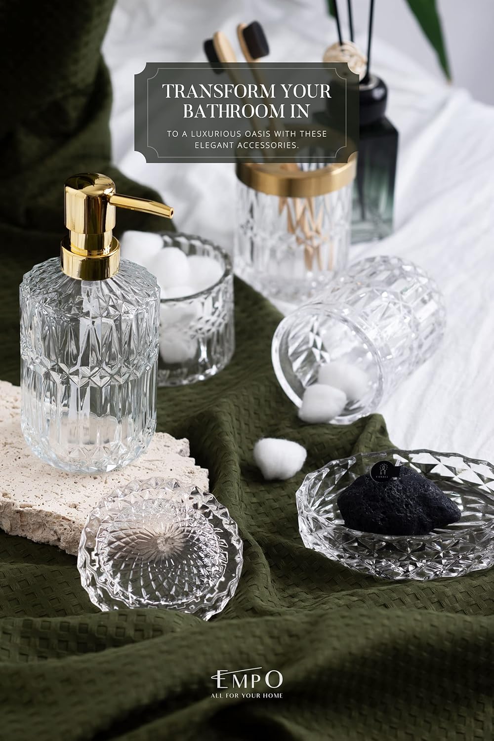 EMPO 6PCS Bathroom Clear Glass Accessories Set (Lotion Soap Dispenser, Soap Dish, Toothbrush Holder, Tumbler, Cotton Swab Jar), Contemporary Modern Decor Crystal Vintage Gift (6pcs Clear)