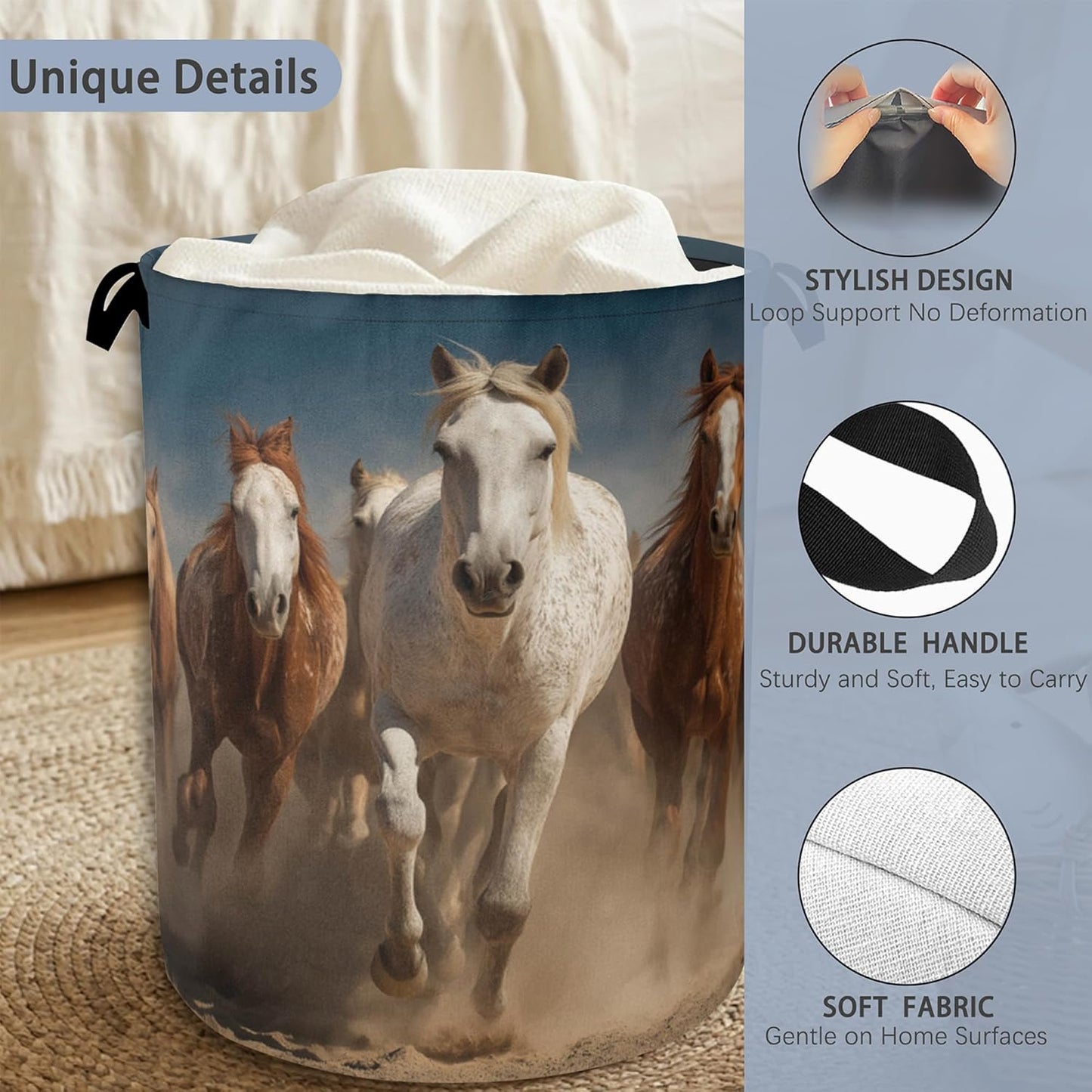 Running Horse Laundry Hamper,Dirty Clothes Laundry Basket with Handles Waterproof Oxford Cloth Storage Basket for College Dorms Bathroom Bedroom 16" x 20.8"