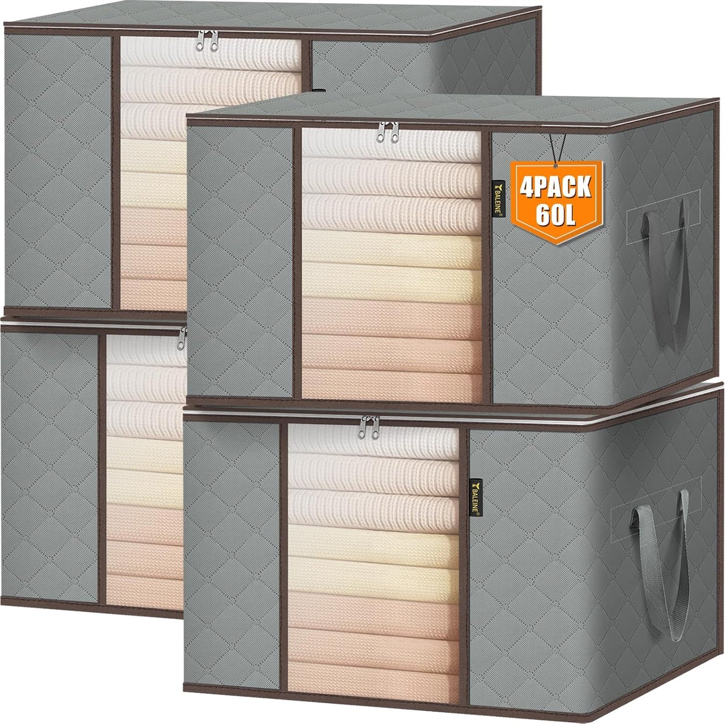 BALEINE 4 Pack Clothes Storage Bags, 16 Gallon Storage Containers with Reinforced Handle, Sturdy Zipper, Closet Organizer for Blanket, Comforter, Pillow, Bedding (Grey, 4 Pack)