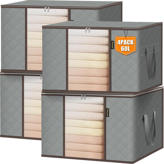 BALEINE 4 Pack Clothes Storage Bags, 16 Gallon Storage Containers with Reinforced Handle, Sturdy Zipper, Closet Organizer for Blanket, Comforter, Pillow, Bedding (Grey, 4 Pack)