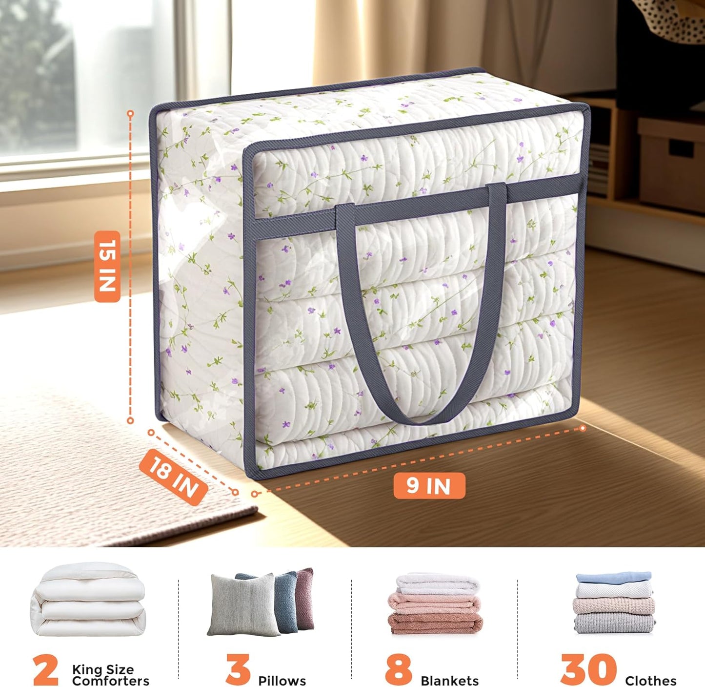 Budding Joy Clear Zippered Storage Bags for Clothes,40L Closet Organizers and Storage Containers Vinyl Moving Bag for Bedding, Linen, Blankets, Comforters, Clothing & Toys, Grey, 4 Pack