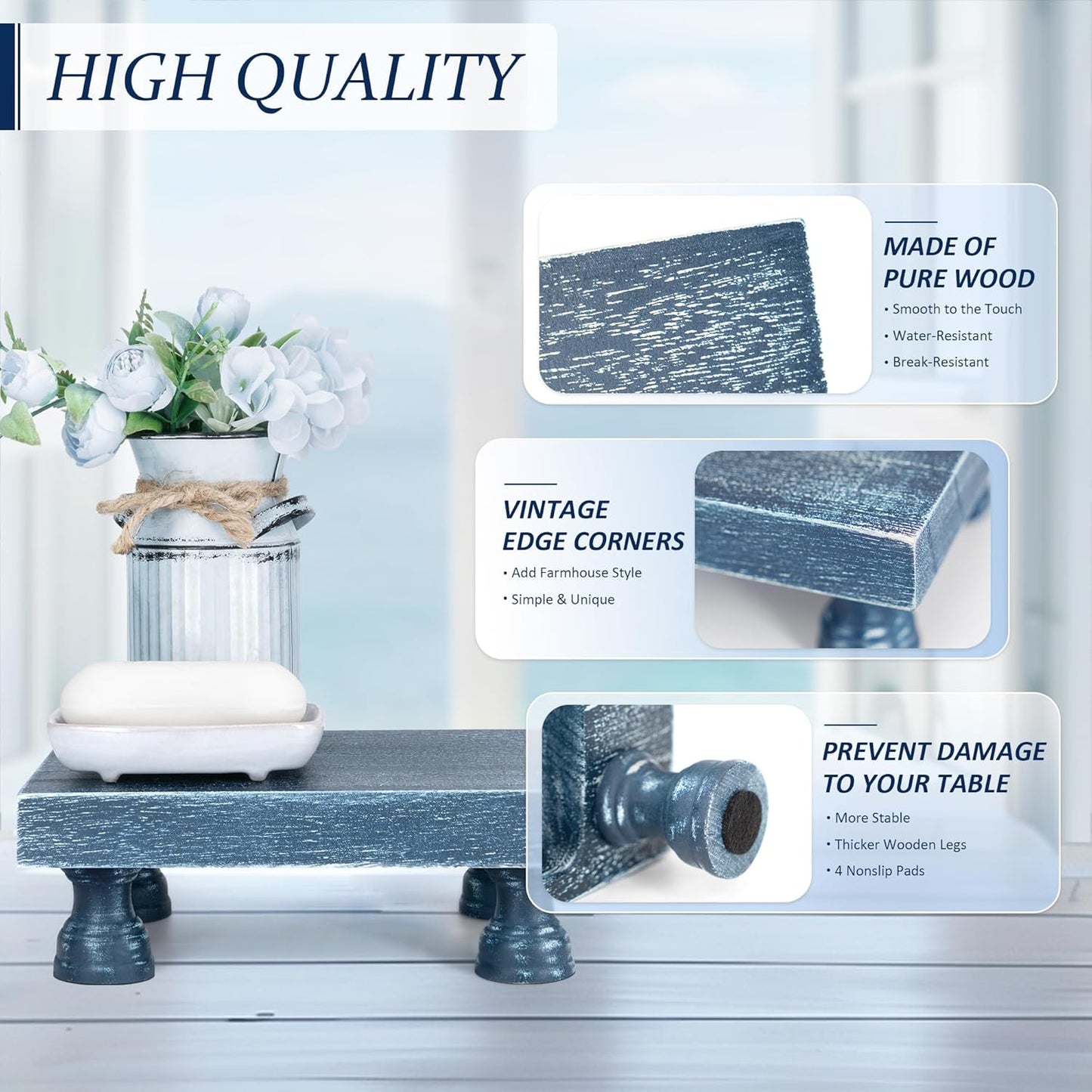 Decorative Display Risers for Home Decor - Wood Pedestal Stand for Kitchen Decor and Countertop Organizer - Ideal for Apartment Essentials (Blue)