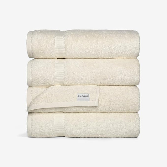 SALBAKOS 100% Turkish Cotton Bath Towel Set of 4 27x54 inch | Heirloom Quality | Hotel & Spa Collection | Ultra Soft, Super Absorbent, Long Lasting Bath Towels | Made in Turkey (Ivory, 4 Bath Towels)