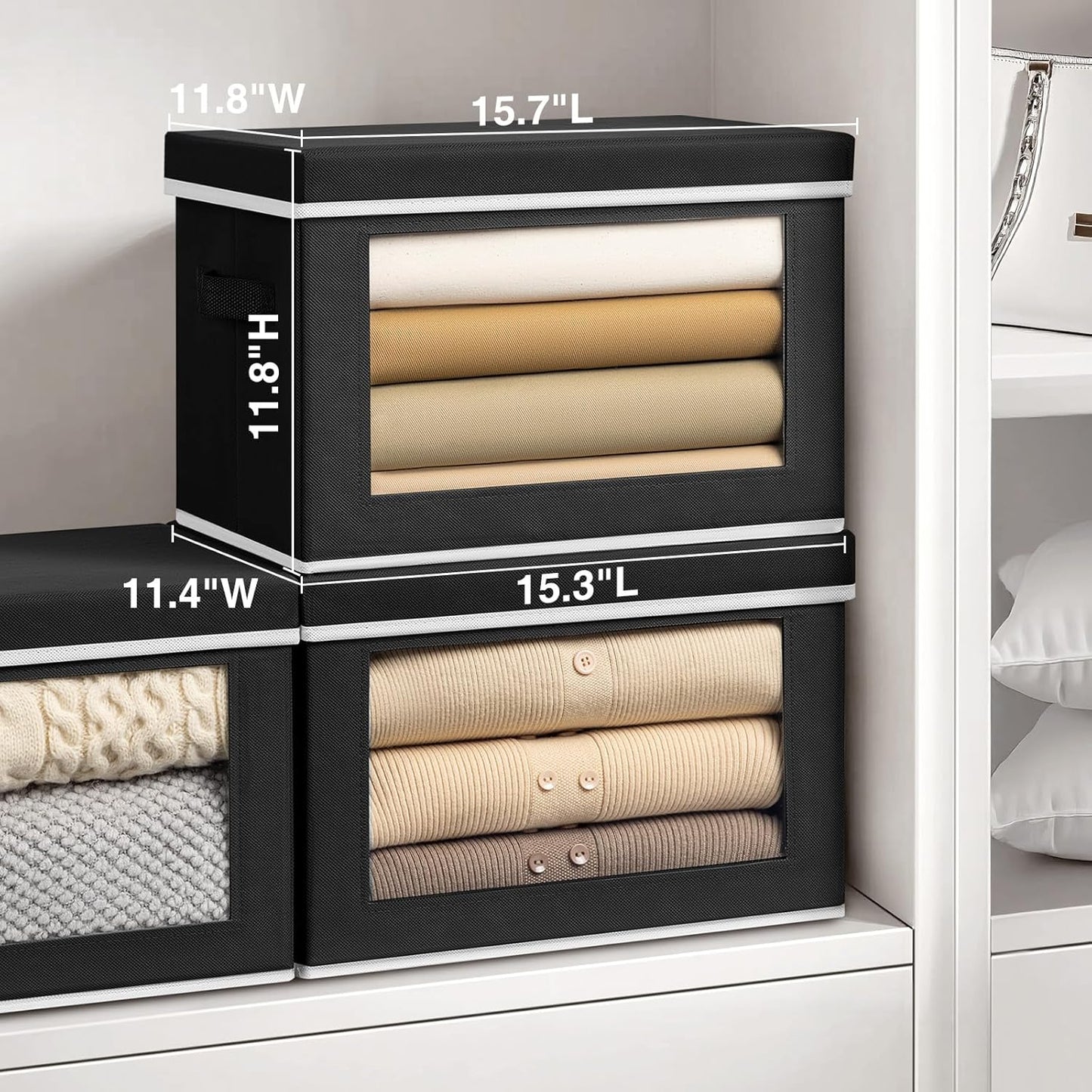 Storage Bins with Lids, 3 Pack Large Storage Cubes with Window, Closet Bins with Lids & Handles, Fabric Box for Organizing Clothes, Towels, Books, Black