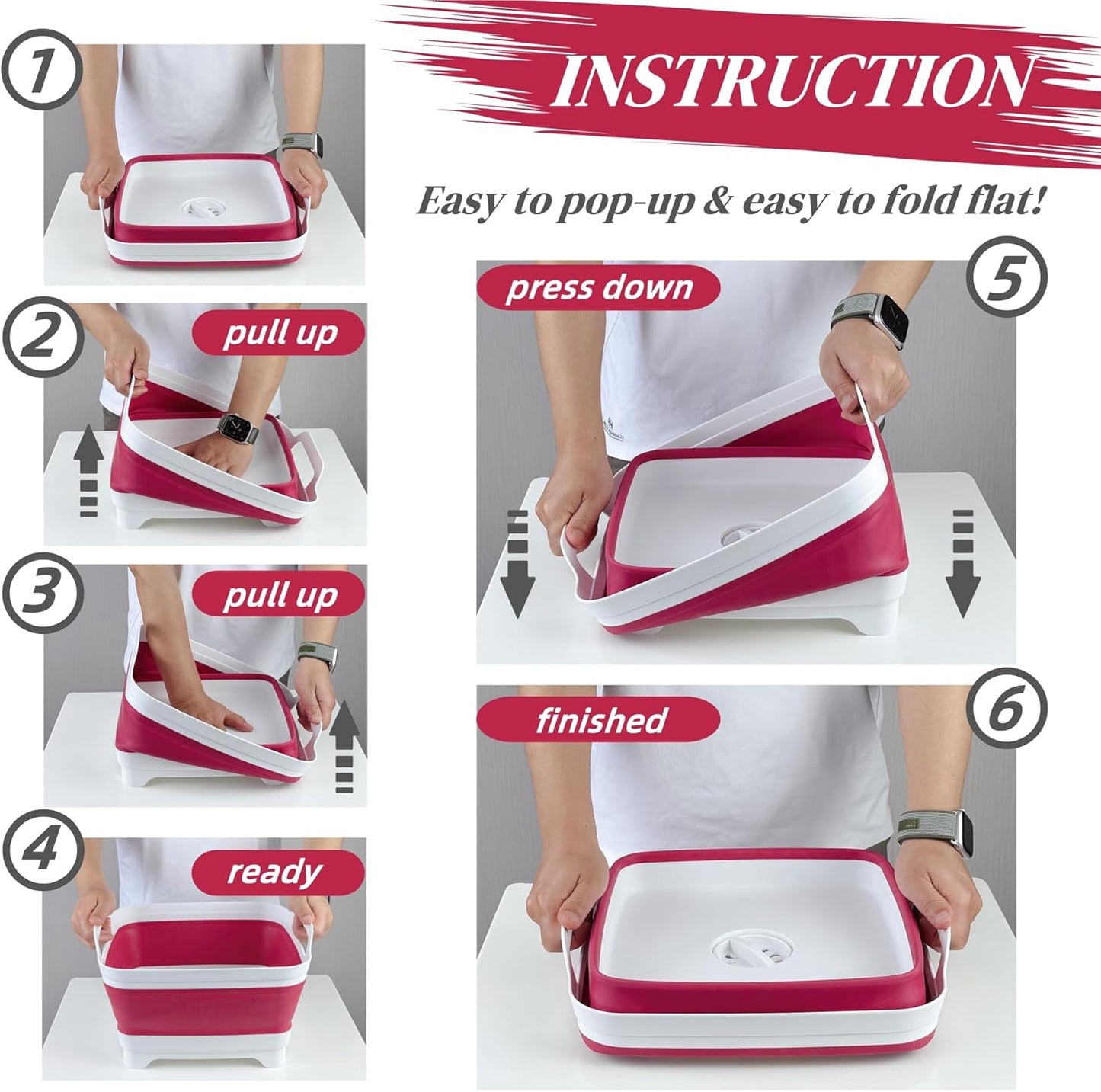 Collapsible Wash Basin for Baby Bottles - 2.4 Gallons Portable Dish Basin for RV Camping Sink, Space-Saving Dish Tub For Bottle Washing (Viva Magenta)