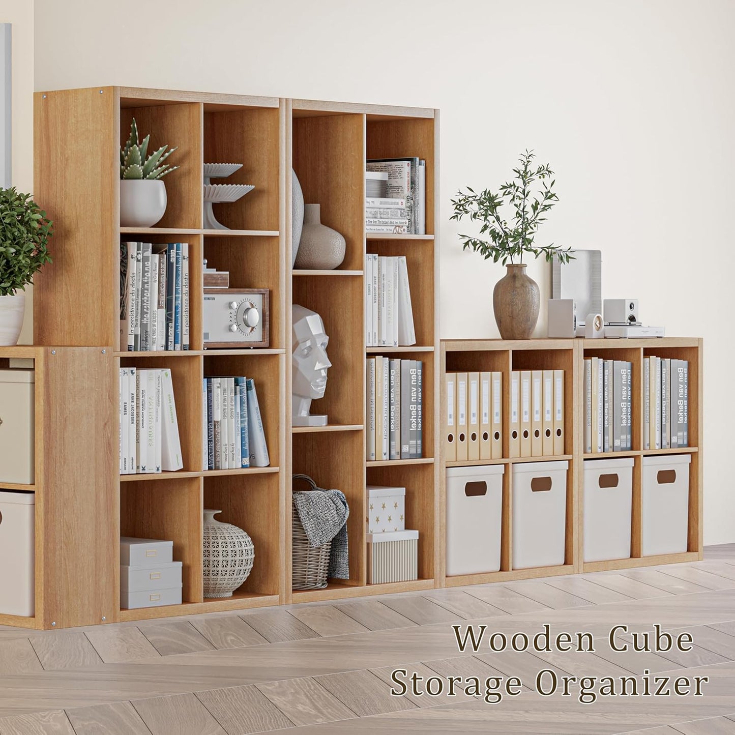 Cube Storage Organizer Bookcase, Decorative 11 inch Open Back Cubical Shelf with Thickened Border, Display Bookshelf for Living Room, Home Office, Sturdy Room (Natural Oak, 8 Cube)