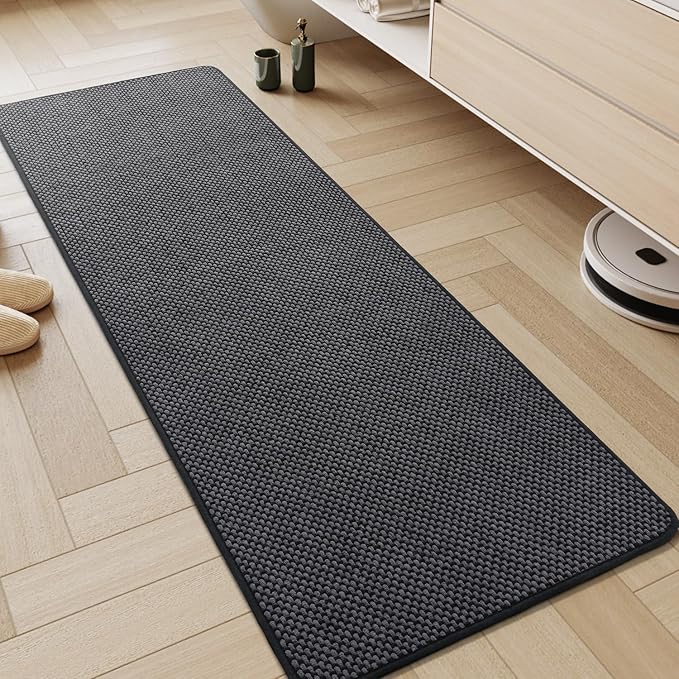 AMOAMI Chenille Bath Mat Super Absorbent Bathroom Mat Quick Dry Low Pile Bath Mats for Bathroom Washable Rubber Backed Bathroom Runners Fit Under Door, Front of Bathtub, Sink, Darkgrey&Black 24"x70"