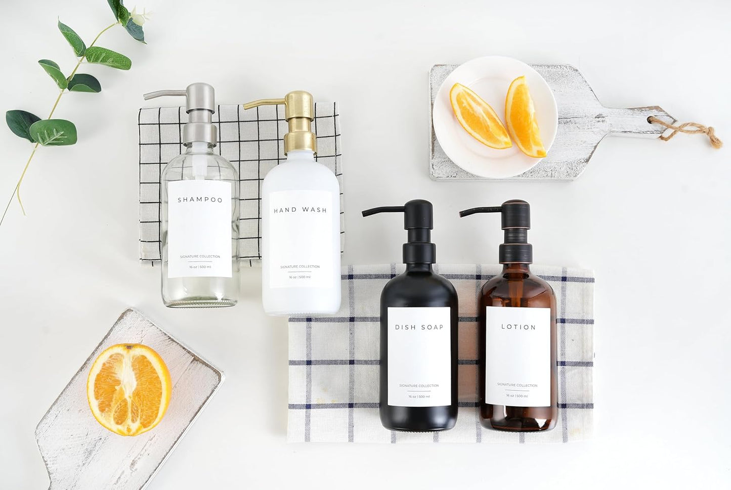 Emerson Soap Dispenser, Dish Soap Dispenser for Kitchen, Bathroom Set - Kitchen Soap Set, Glass Dispenser with Pump and Labels | 16 Oz, 2 Pack