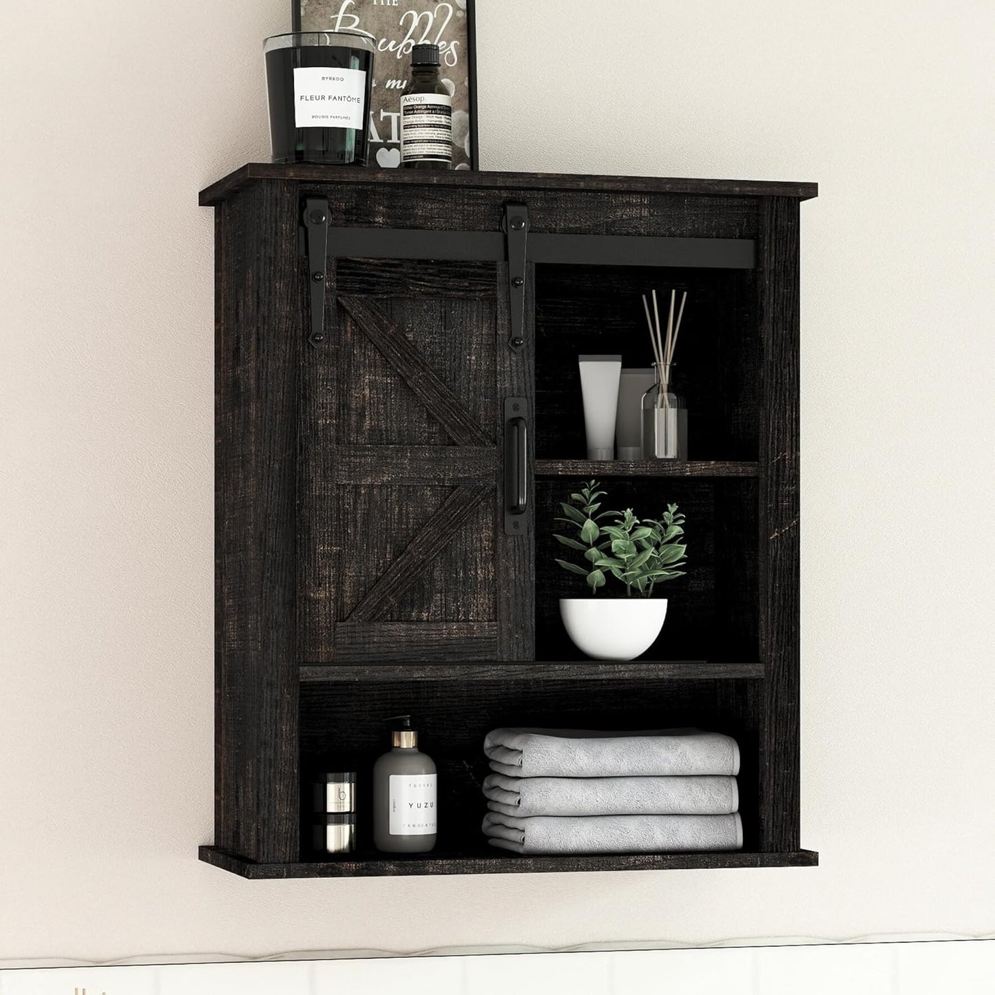 28" Wall Cabinet, Wooden Medicine Cabinet Adjustable Shelves, Over Toilet Storage Cabinet with Sliding Barn Door for Bathroom/Kitchen/Laundry, Black