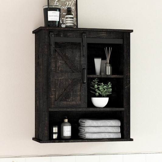 28" Wall Cabinet, Wooden Medicine Cabinet Adjustable Shelves, Over Toilet Storage Cabinet with Sliding Barn Door for Bathroom/Kitchen/Laundry, Black
