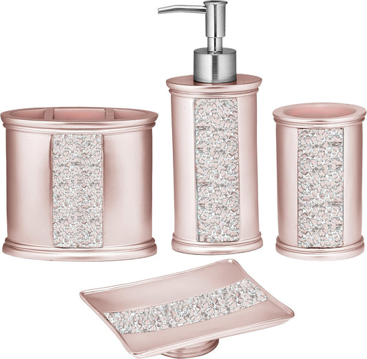Zahari Home 4pc Sinatra Stylish Bathroom Accessories Set Liquid Soap Dispenser, Tumbler, Tooth Brush Holder and Soap Dish Modern Classic Luxury Decor Bling Mosaic Glass Blush Bathroom Accessories