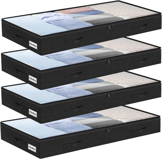4 Inch Low Profile Under Bed Storage Drawer 4 Pack, Lightweight Underbed Clothes Storage Container Bins with NO STURCTURE, Shallow Storage Bag for Dorm & Home, With Clear Lids and Waterproof Fabric