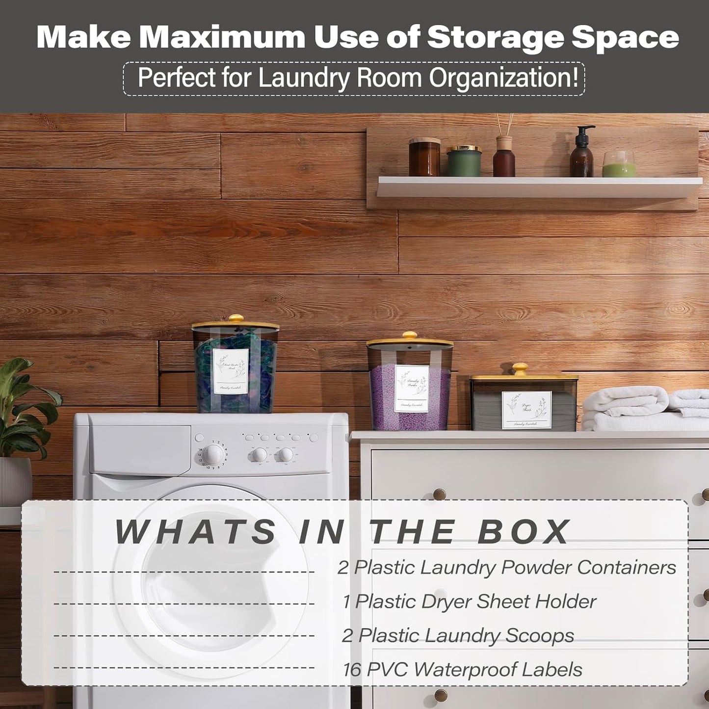 3 Pack Plastic Laundry Powder Container & Dryer Sheet Holder with Lids, Labels & Scoops - Laundry Detergent Organizer and Storage Jars for Pods,Beads, Soap, Scent Booster (Clear Grey)