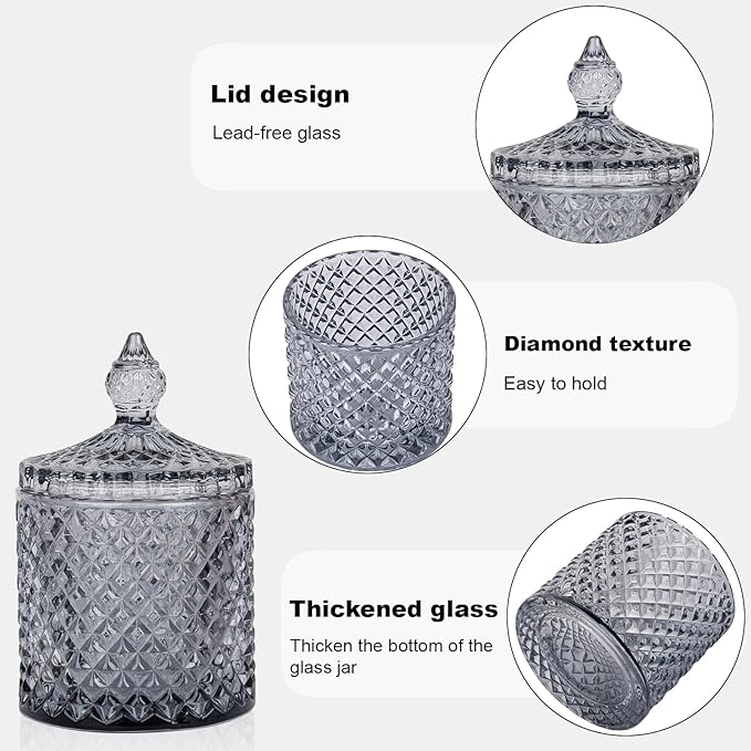 rejomiik 2 Pack Qtip Holder Thick Glass Apothecary Jars with Lid for Bathroom Decor Storage Organizer for Cotton Swabs, Balls, Pads, Floss Picks, Candy, Jewelry, Grey