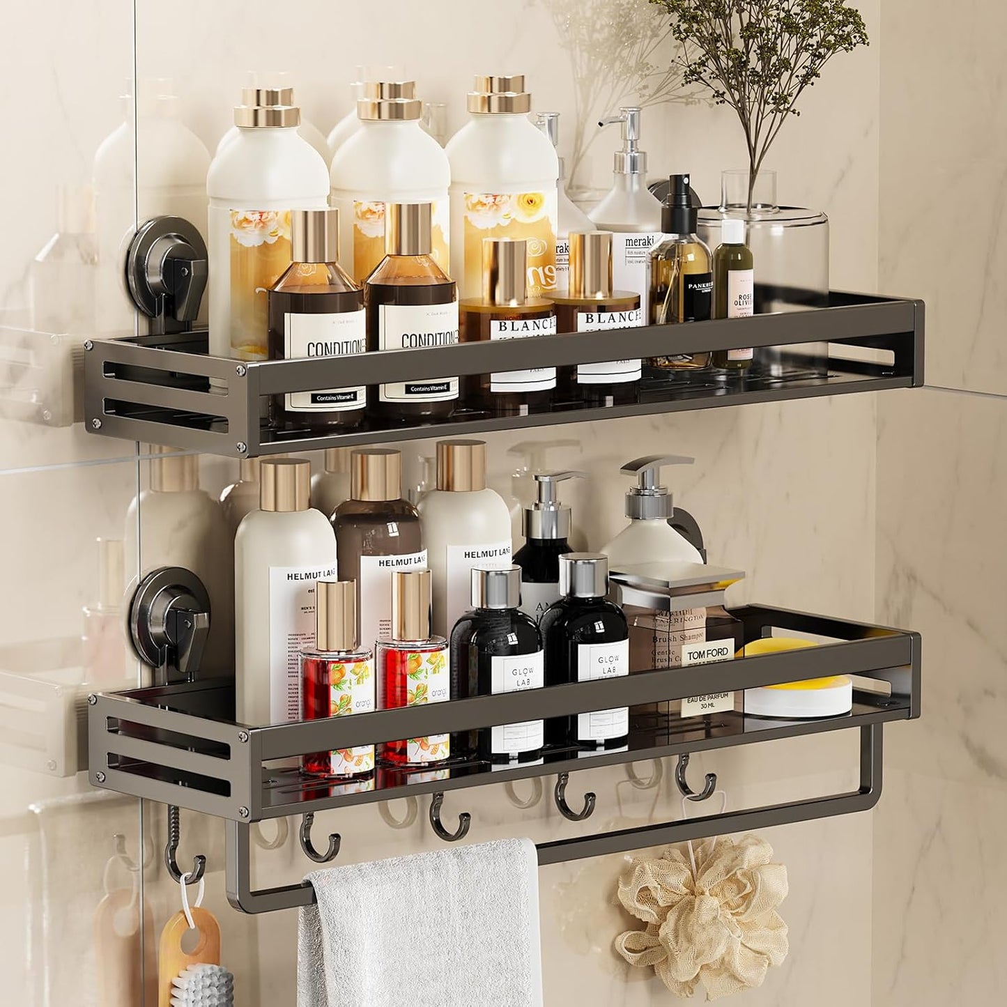 Shower Caddy Suction Cup, 15.7 inch 2 Pack suction shower shelf with Hooks NO-Drilling Bathroom Holder, Rustproof bathroom organizer, Dark Grey