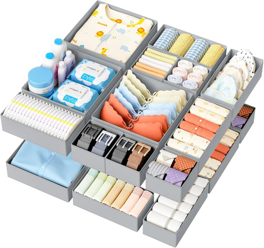 DIMJ Drawer Organizer Clothes - 18 Pack Closet Drawer Organizer Bins for Baby Clothes Storage, Fabric Dresser Organizer for Nursery Bedroom, Foldable Small Drawer Dividers for Underwear Socks