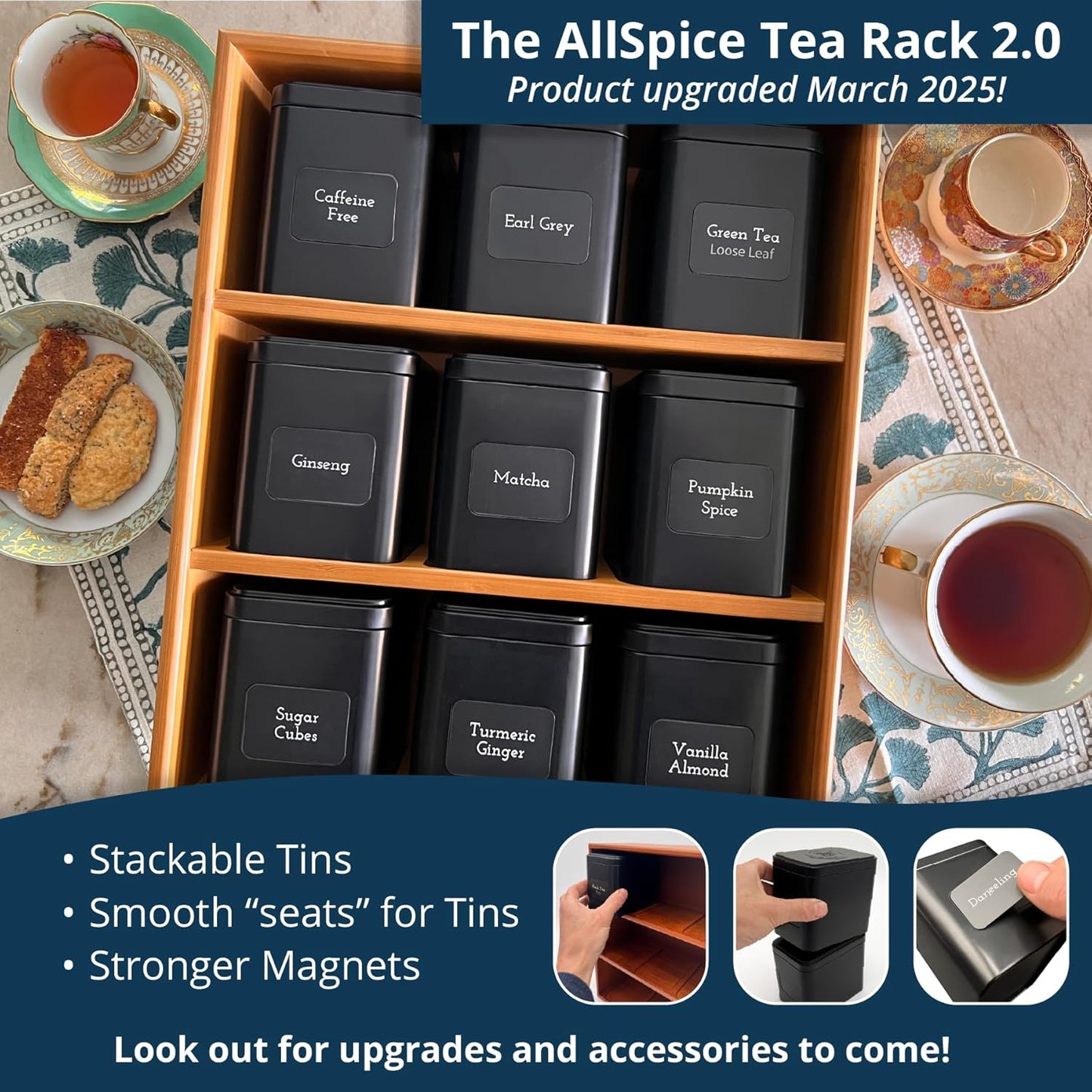 AllSpice Tea Organizer Rack with 9 Tins & 160 Magnetic Labels – Perfect for Bagged & Loose Leaf Tea Organization - Bamboo