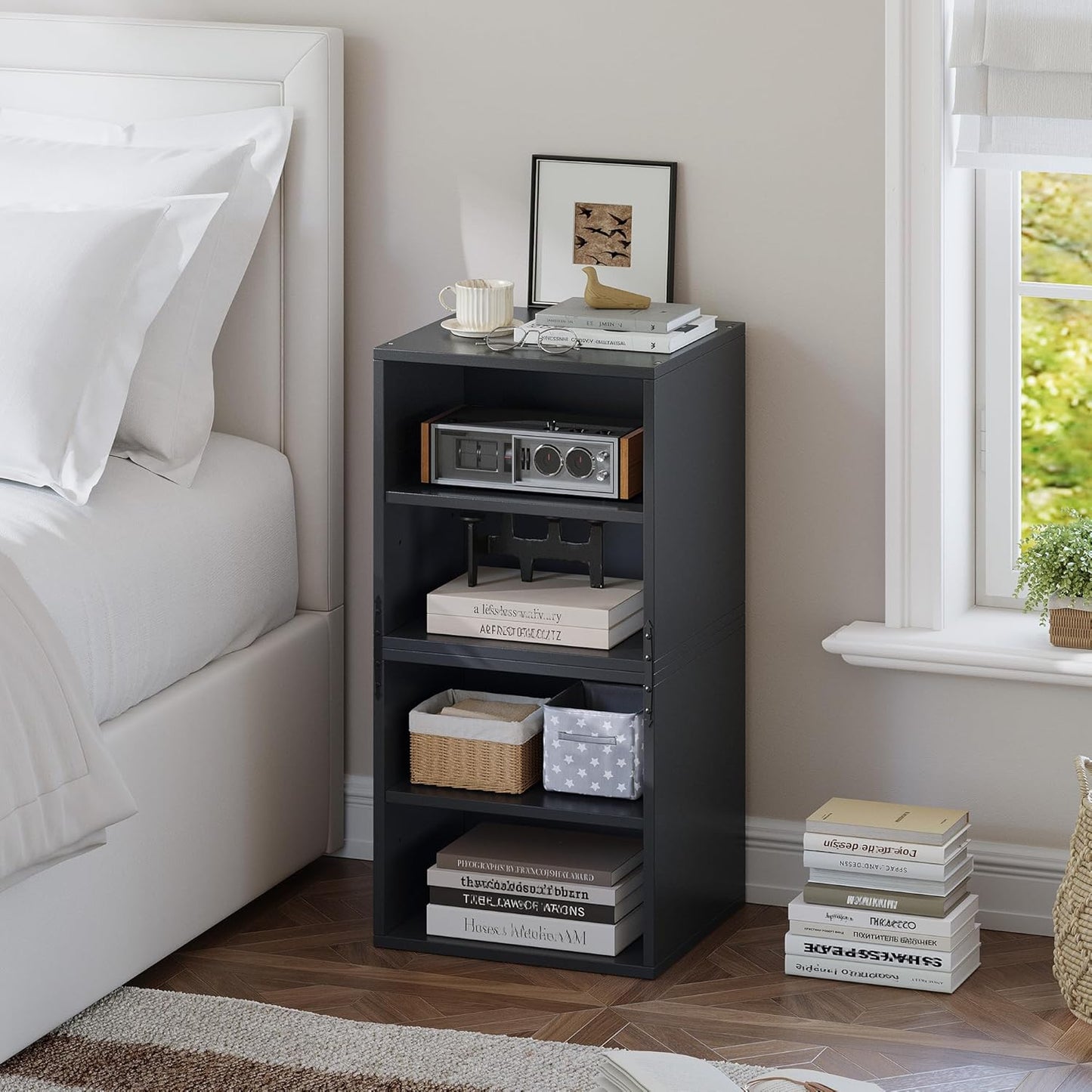 2-Tier Stackable Cube Storage Organizer, DIY Bookcase with 2 Removable Open Shelves & Anti-Tip Design, Cube Book Shelf for Bedroom, Office, Dorm,15" W x 11.81" D x 30" H, Black