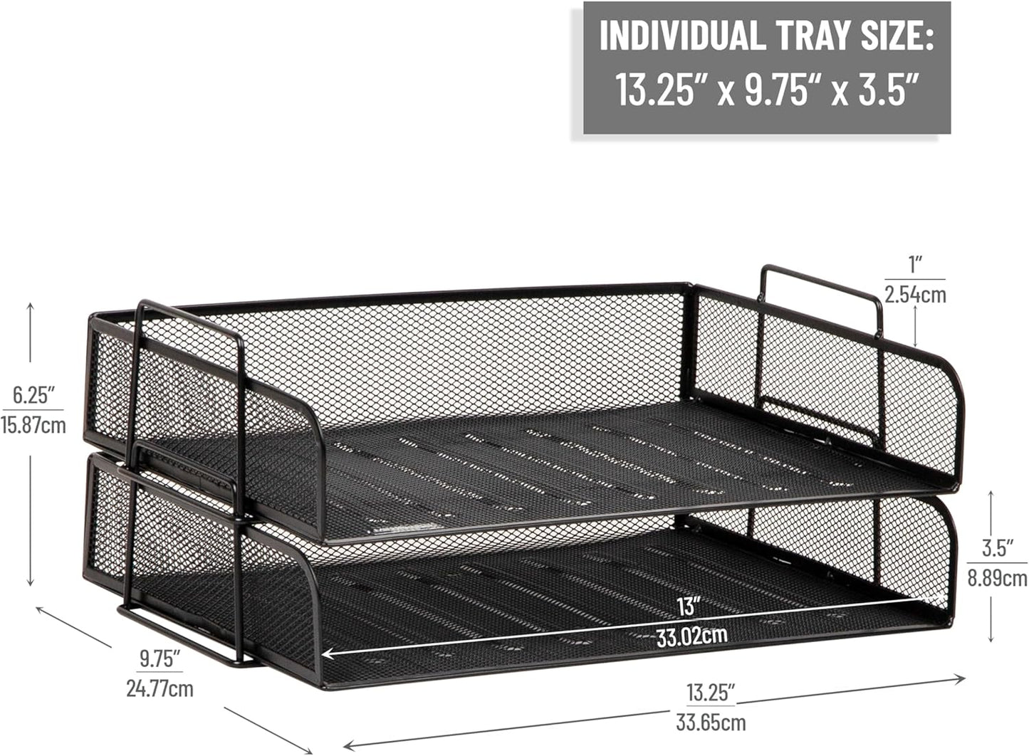 Mind Reader Stackable Paper Tray, Desktop Organizer, File Storage, Office, Metal Mesh, 13.25" L x 9.75" W x 6.25" H, 2 Pcs., Black