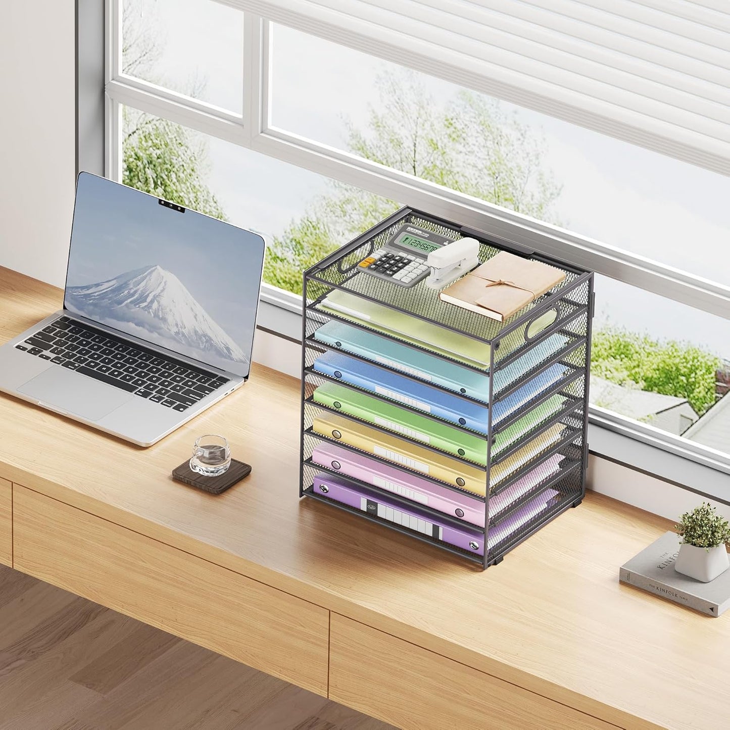 8-Tier Paper Organizer with Handle, Metal Mesh Desk Organizer File Folder Paper Letter Tray Desktop Document Sorter for Office, Home or School (Grey-2 Pcs)