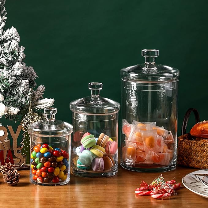 MyGift Glass Apothecary Jar Set with Clear Lid - Decorative Kitchen and Bath Storage Canisters, Wedding Centerpiece Jars, Candy Buffet with Lids