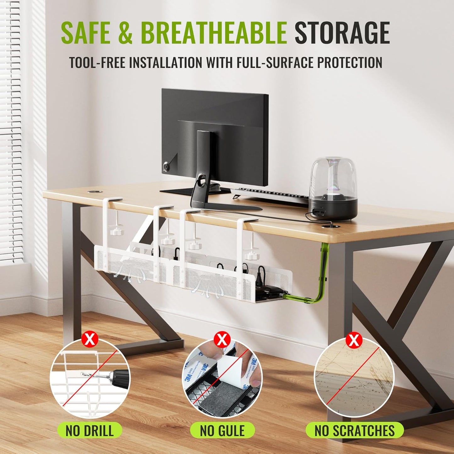 [Upgraded] 2 Pack Cable Management Under Desk Tray, Xpatee 27.6" No Drill Open Slots Cable Management Tray, Cord Wire Organizer Box with Clamp for Table Thickness up to 3" - No Desk Damage(White)