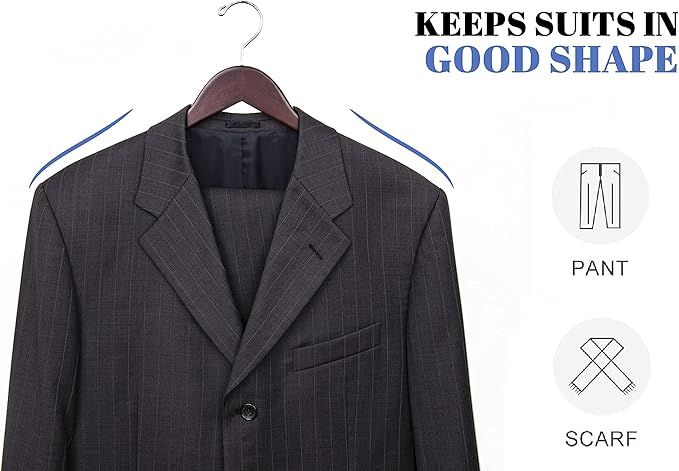 Amber Home 20 Pack Solid Wood Suit Coat Hangers, Smooth Walnut Finish Wooden Dress Hangers with Non Slip Pant Bar, Clothes Hangers with 360 Swivel Hook & Notches for Jacket, Pant, Shirt (Walnut, 20)