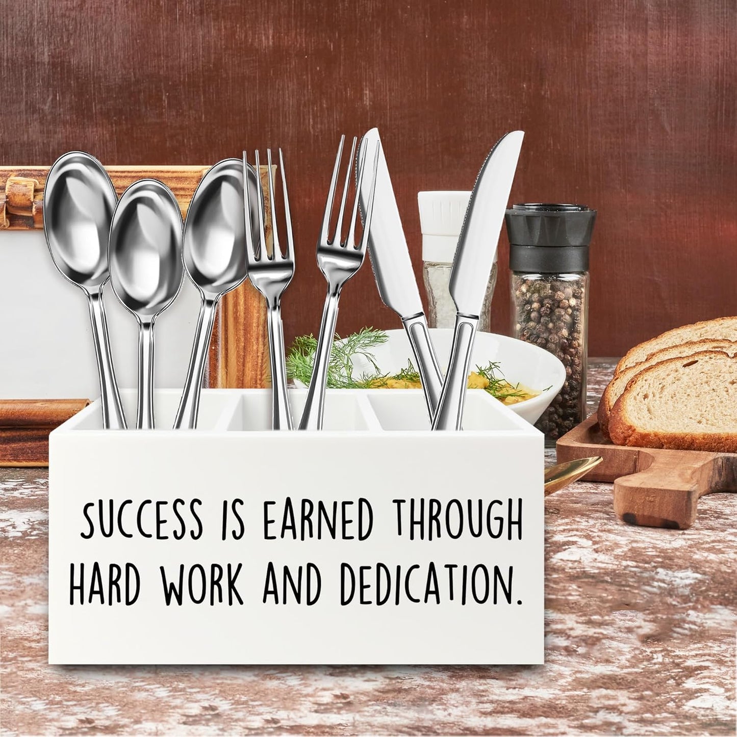 Motivational Gifts Pen Pencil Holder Organizer for Desk, Success Is Earned Through Hard Work and Dedication Inspirational Wooden Box Signs Decorations for Home Office Desk Tabletop