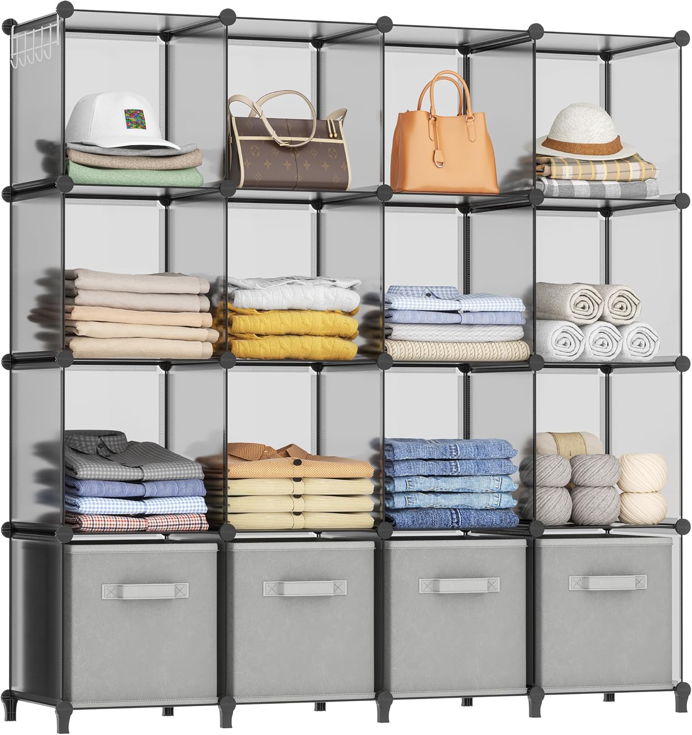 HOMIDEC Closet Organizers and Storage, 16 Cube Storage Organizer, Portable Closet Organizer Cubes Shelves for Clothes, Bedroom, Wardrobe, Kids Room, Bathroom, Grey