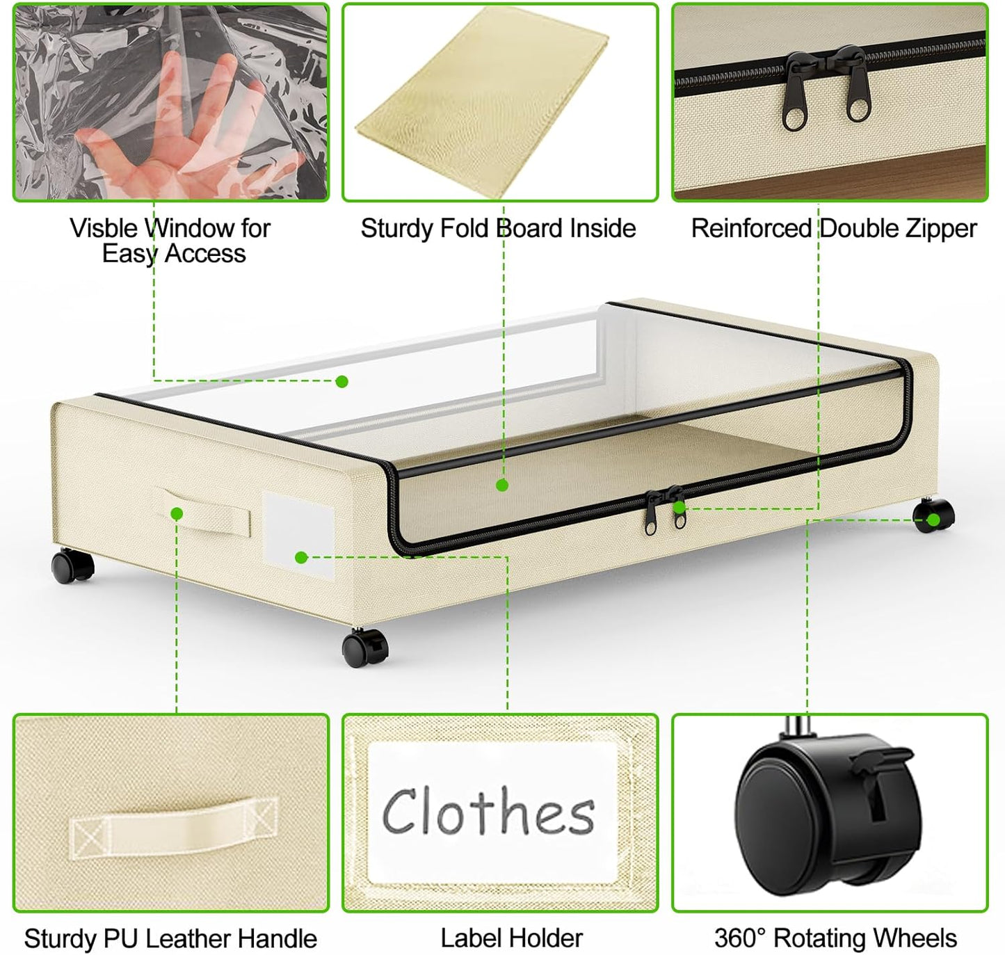 Under Bed Storage with Wheels, 4-Pack UnderBed Storage Containers with Clear Lids, Under Bed Shoe Storage Organizer, Rolling Under Bed Storage for Clothes Shoes Blankets (Beige)