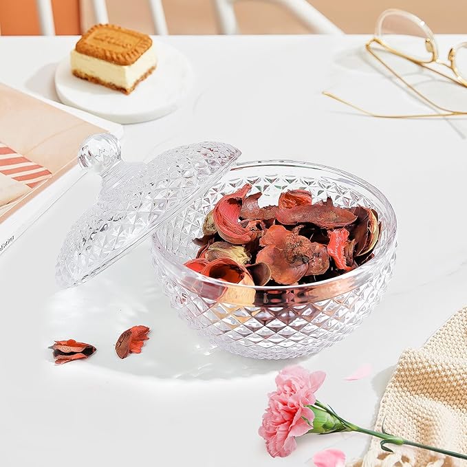 Joeyan 12 oz Small Clear Glass Jars with Lid,Embossed Glass Candy Dishes,Diamond Faceted Food Container,Decorative Jewelry Box Apothecary Canisters,Kitchen Bathroom Buffet Storage Organizer