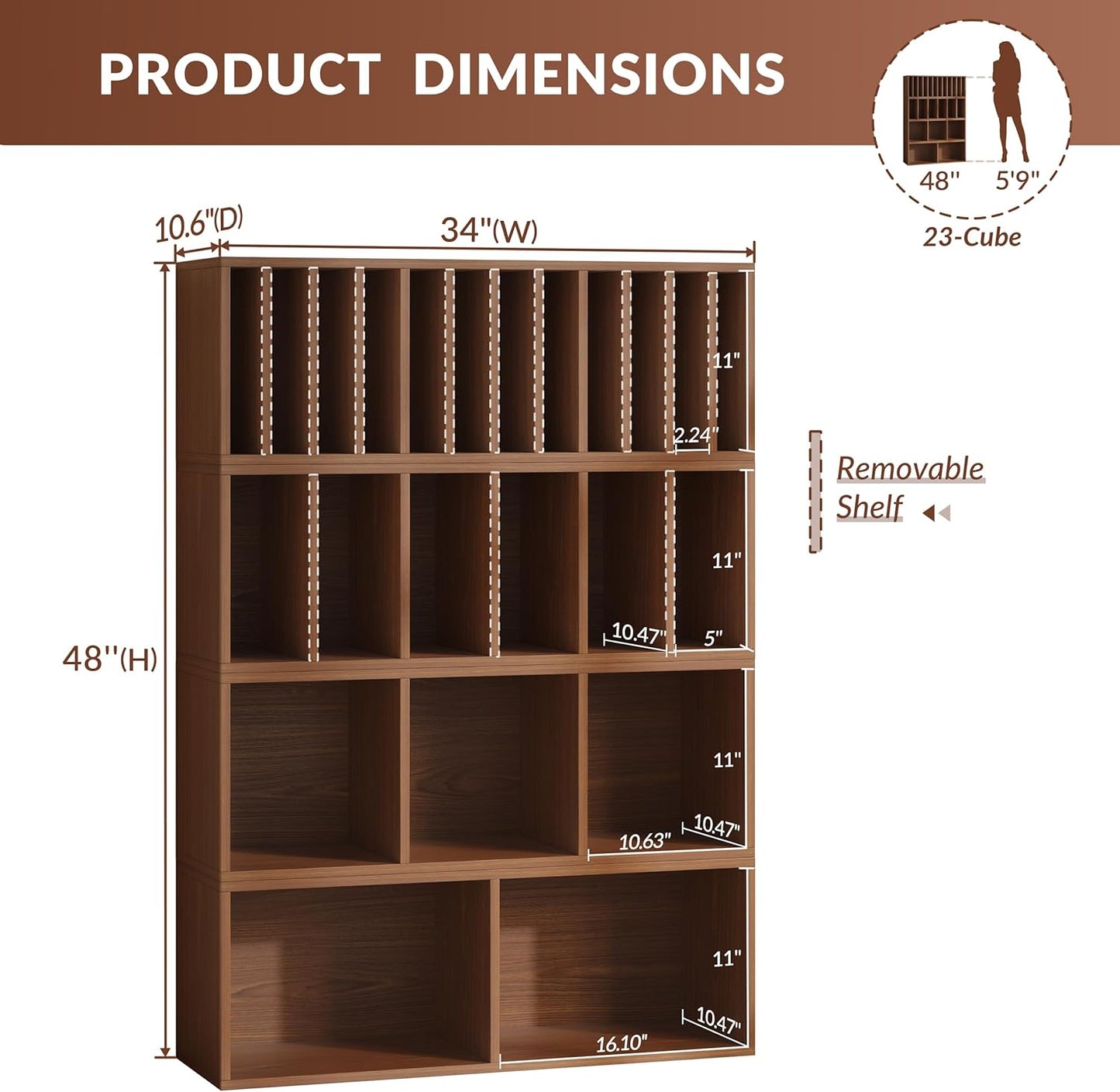 IOTXY DIY Modular Cube Bookcase - CubeXY Customizable Stackable Expandable Combination Set, 23-Cube Open Bookshelf for Books, Fabric Storage Bin, and Vinyl Record Organizer, Walnut