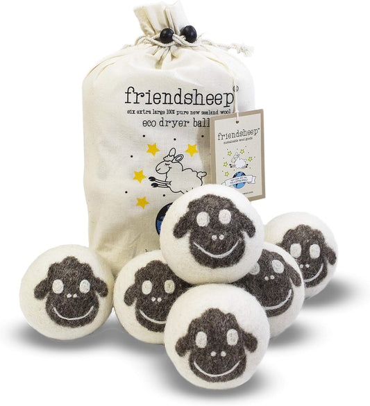 Friendsheep Wool Dryer Balls, Organic Reusable Fabric Softener Alternative for Laundry, Handmade, Fair Trade, Hypoallergenic, Eco-Friendly, Plastic-Free (6 Pack XL – Sheep Flock of Friends)