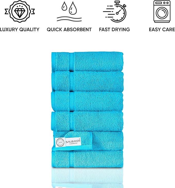 SALBAKOS 100% Turkish Cotton Hand Towel Set of 6 16x30 inch | Heirloom Quality | Hotel & Spa Collection | Ultra Soft, Super Absorbent, Long Lasting Hand Towels | Made in Turkey (Aqua, 6 Hand Towels)
