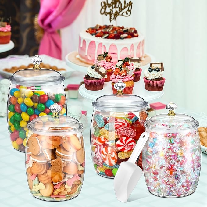 Nuogo 4 Pcs Plastic Candy and Cookie Jars with Lids Clear Cookie Container Candy Jars Large Airtight Apothecary Storage Organization for Wedding Home Kitchen Bar(64 oz)