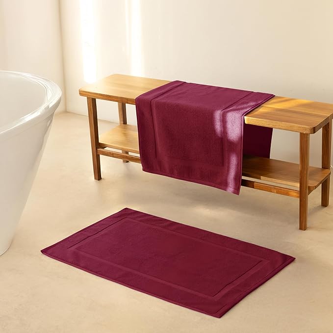 SALBAKOS 100% Turkish Cotton Bath Mat Set 2-Piece - 20x34 inch, Premium Quality Hotel & Spa Collection, Soft, Absorbent, Long Lasting, Durable Bathroom Rugs | Made in Turkey (Wine, 2 Bath Mats)