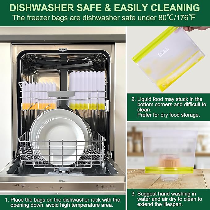 SPLF 10 Pack Stand-Up Reusable Snack Bags Dishwasher Safe, BPA Free Food Storage Bags, Extra Thick Leakproof Freezer Bags Silicone Snack Pouch For Candy, Fruits, Cereal, Home Organization