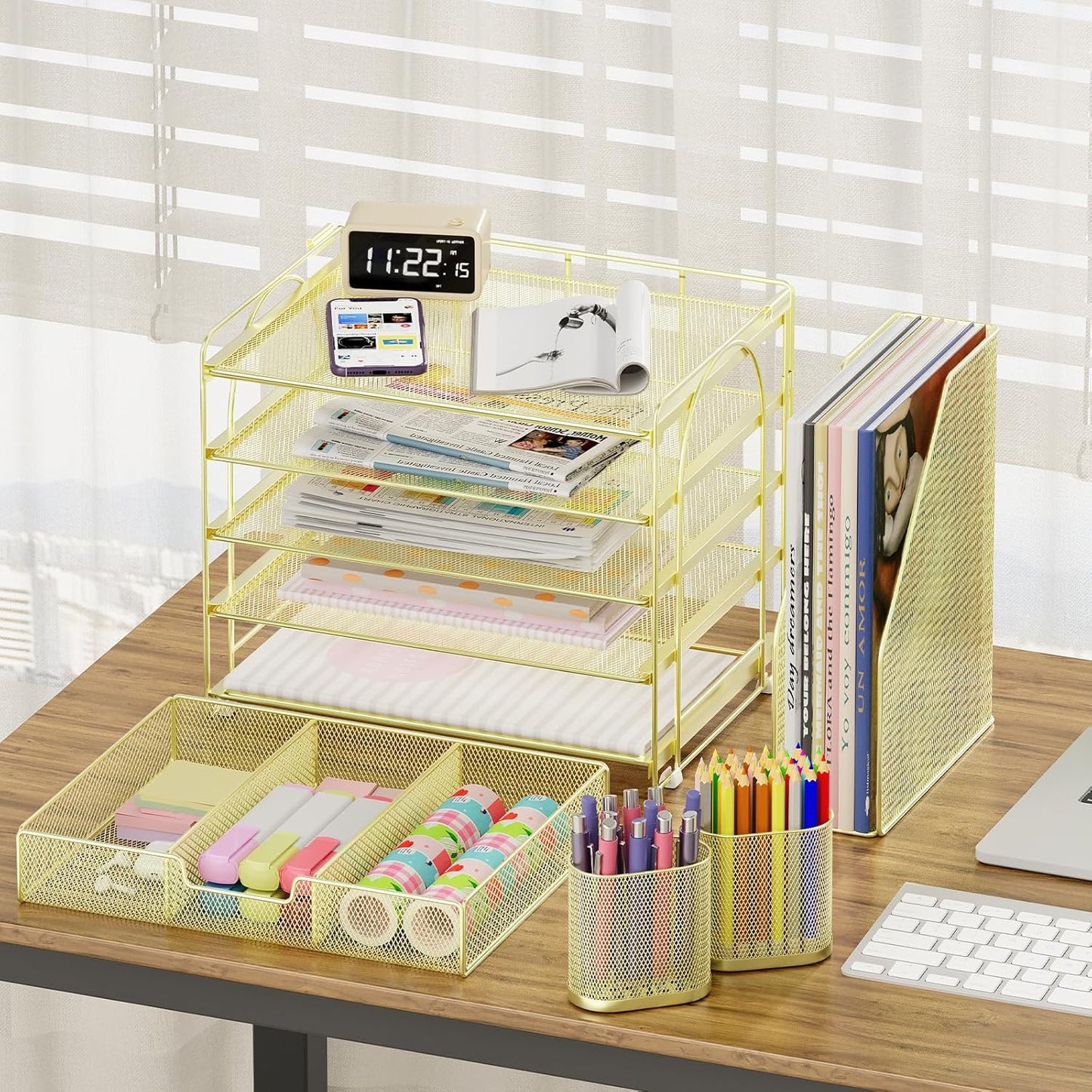 Desk Organizers and Accessories with File Holder, 5-Tier Office Desk Accessories & Workspace Desktop Organizer with Drawer and 2 Pen Holder, File Paper Organizer for Office Supplies(Gold)