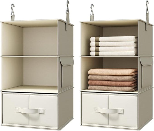 Vailando 3-Shelf Hanging Closet Organizer, Set of 2 Hanging Shelves with 2 Drawers for Wardrobe, Nursery, Baby Clothes Storage and Organization, Beige