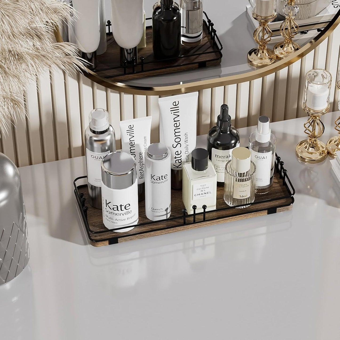 Bathroom Vanity Tray for Countertop Toiletries Perfume Makeup Soap Dispenser Toilet Tank, Kitchen Tray for Salt Spice, Decor Tray for Candle Nightstand Coffee 11.3”x 4.4” Brown-Black