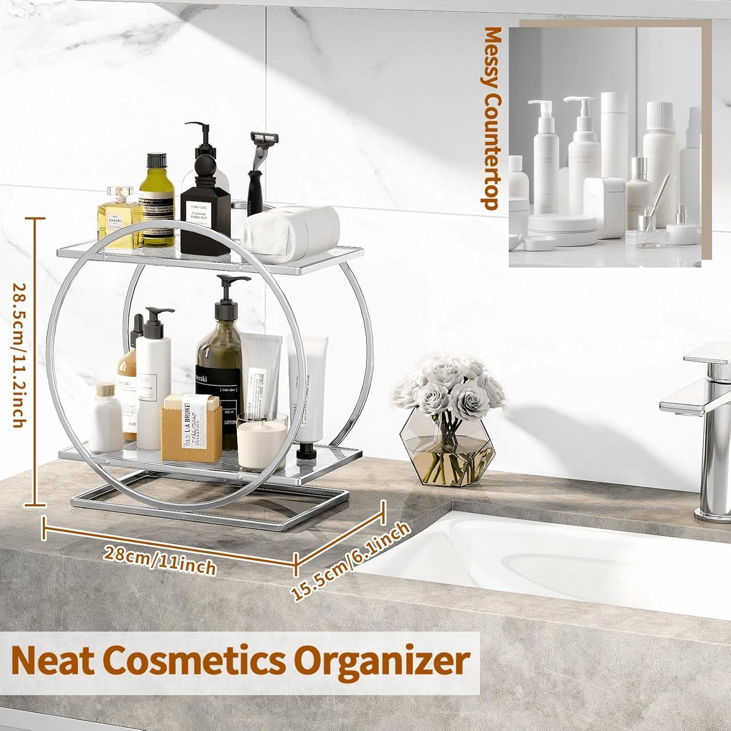 Perfume Organizer for Bedroom Dresser- Sliver Makeup Organizers for Vanity, 2 Tier Bathroom Countertop Organizer Perfume Tray Skincare Storage Cosmetic Display Rack, Make Up Counter Shelf