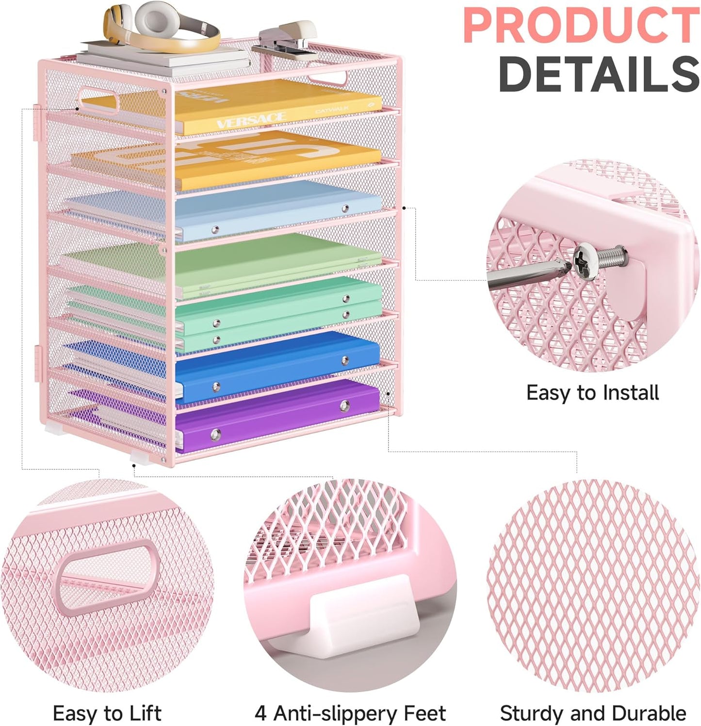 Paper Organizer with Handle Metal Mesh File Sorter Large Capacity Desk Organizers Paper Letter Tray Desktop Document Sorter for Office or Home2 Pack 8 Tier Pink Storage for Desk