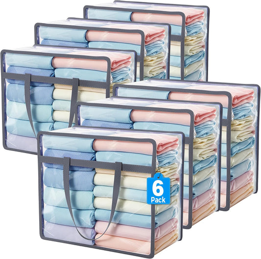 Budding Joy 6 Pack Clear Zippered Storage Bags for Clothes,40L Closet Organizers and Storage Containers Vinyl Moving Bag for Bedding, Linen, Blankets, Comforters, Clothing & Toys, Grey