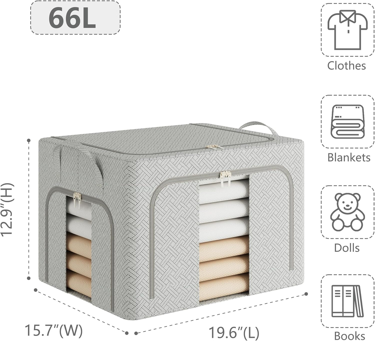 Pinkpum 3 Pack Clothes Storage Bins with Metal Frame, Closet Organizers and Storage Boxes, Stackable & Foldable Clothes Organizer Bags with Large Clear Window & Long Carry Handles, Grey Pattern 66L