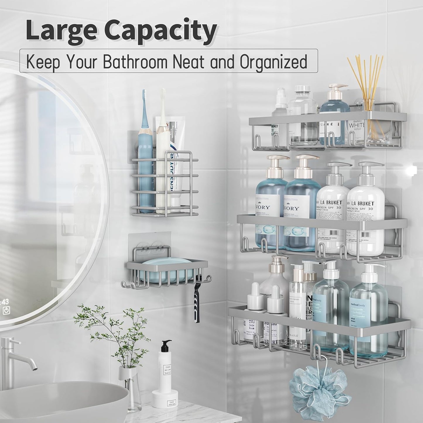 10 Pack Shower Caddy Organizer Rack Shelf for Inside Shower, Self Adhesive Wall Storage Basket Rustproof Stainless Steel Shampoo Holder Bathroom Accessory Decor Set, Grey